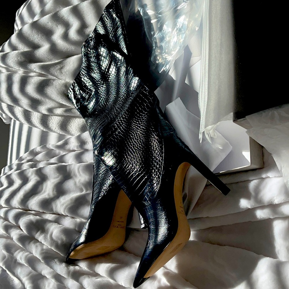 New Jimmy Choo Blue Mavis 100 Navy Croc Embossed Leather Knee High Boots